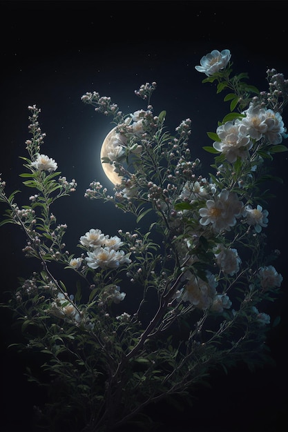 Tree with white flowers in front of a full moon generative ai