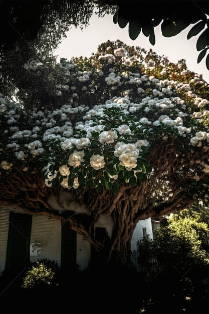 Tree with white flowers in front of a house generative ai