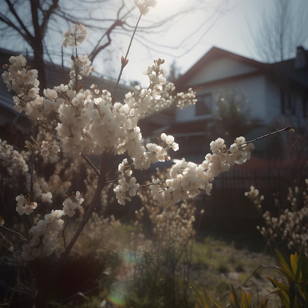 A tree with white flowers in front of a house