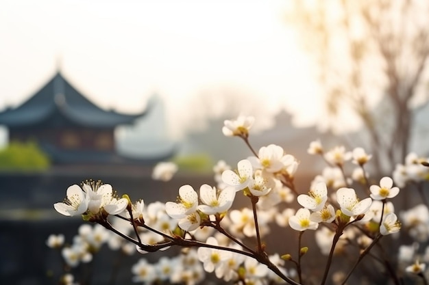 A tree with white flowers in front of a temple in the background