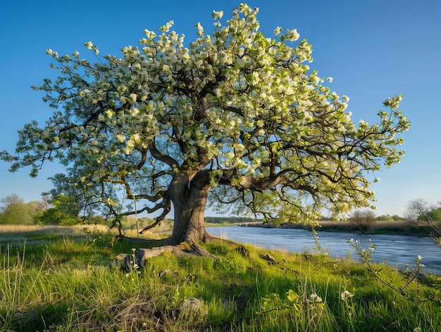 Photo a tree with white flowers in the grass near a river