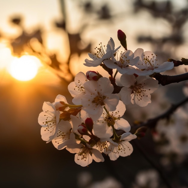 A tree with white flowers is in front of a setting sun.