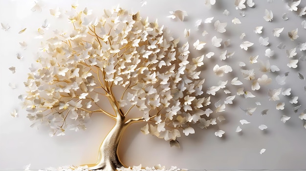 a tree with white flowers on it and a white background