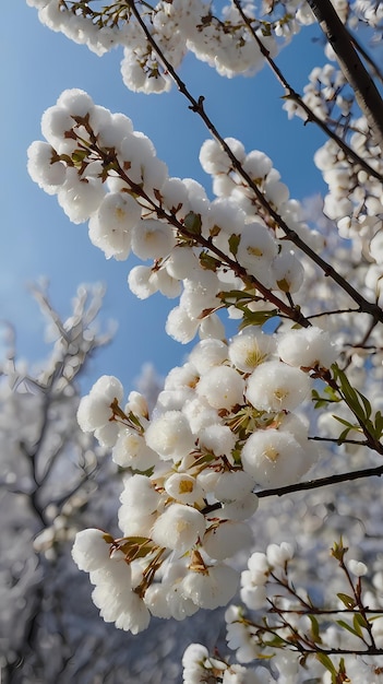 A tree with white flowers in the snow