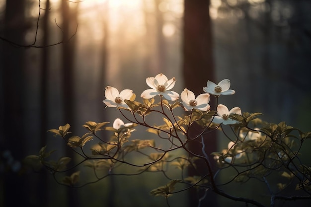 A tree with white flowers in the woods