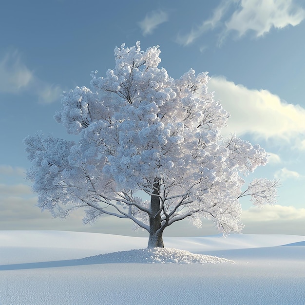 Photo a tree with white frost on it is covered in snow