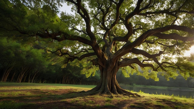 a tree with the word oak on it in the middle of a field