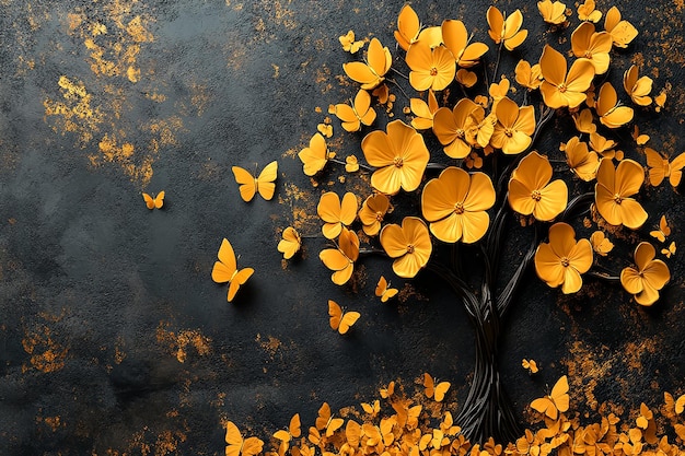 a tree with yellow butterflies on it and the reflection of the leaves on the water