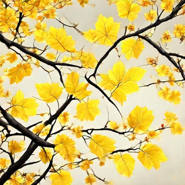 a tree with yellow leaves and a cloudy sky behind it