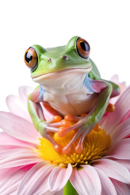 Photo treefrog on a flower against white background