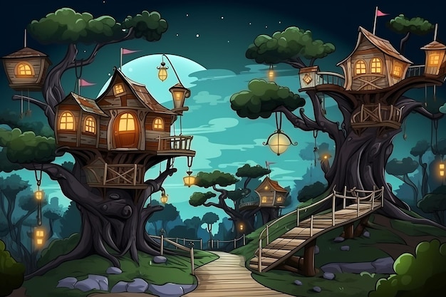 Treehouse community with interconnected walkways and rope bridges