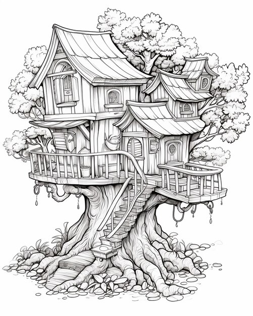 Photo treehouse on a hill coloring page