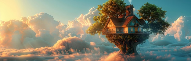 Photo a treehouse nestled in a cloud sea at sunset