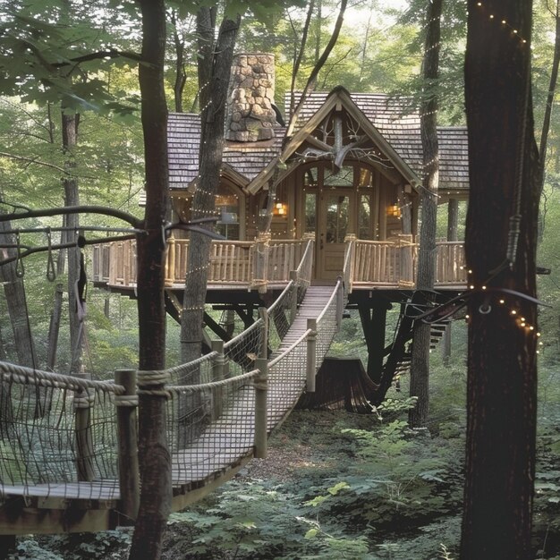 Photo a treehouse retreat got comfortable a woods with rope frameworks and zip lines