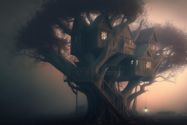 Treehouse in a tree with bony fingers instead of leaves