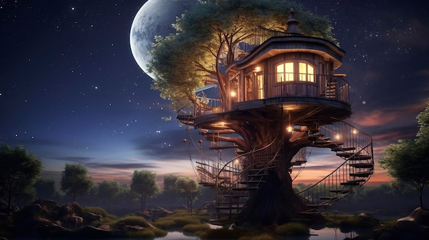 A treehouse with a small observation deck and telescope for stargazing