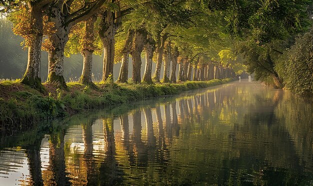 Photo treelined riverbank reflections in the water