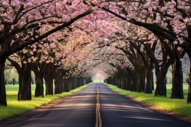 Photo treelined road with pink flowers