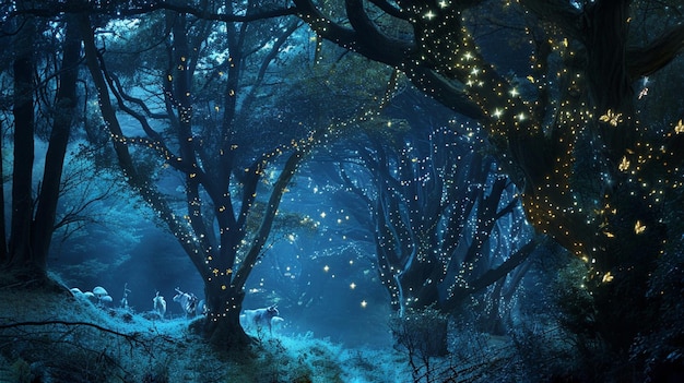 Trees adorned with glowing stars and mystical creatures create a magical Generative Ai