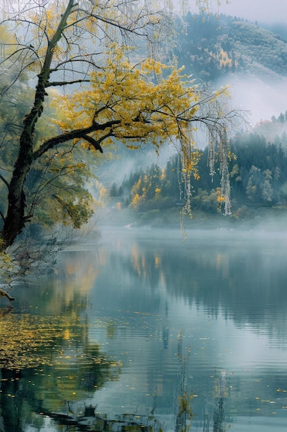 trees are in the foreground of a lake with a mountain in the background generative ai