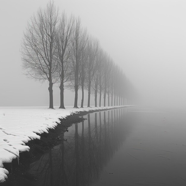 trees are lined up along the edge of a river in the snow