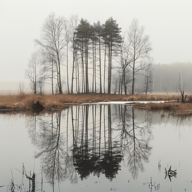 trees are reflected in a pond of water in a foggy landscape