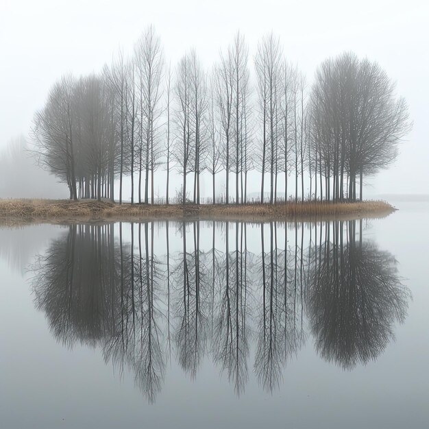 trees are reflected in the water of a lake in the fog