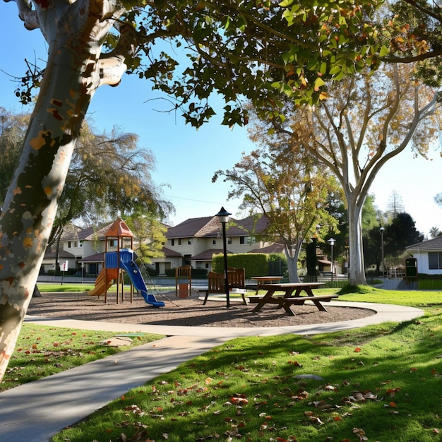 trees and a bench in a park with a playground in the background generative ai