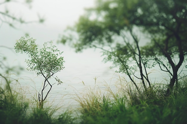 Trees by the lake in foggy morning Nature background