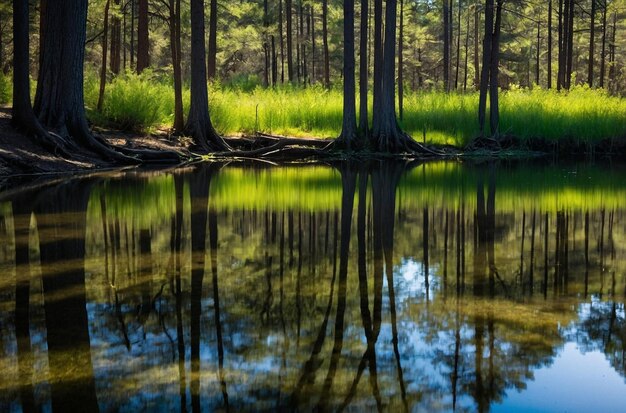 Trees casting shadows over the smooth surface of a forest pond