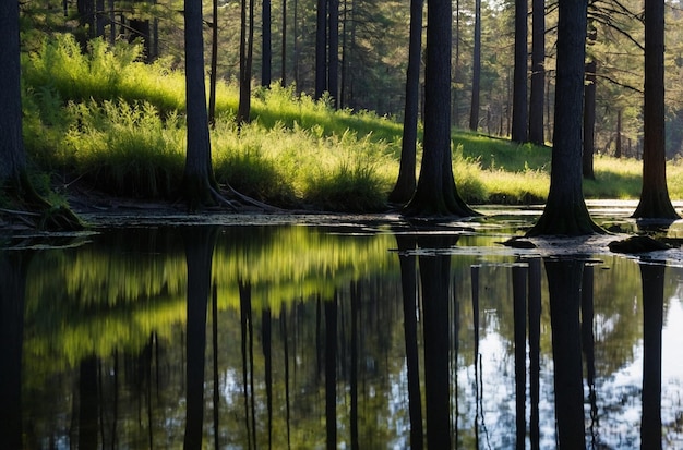 Trees casting shadows over the smooth surface of a forest pond