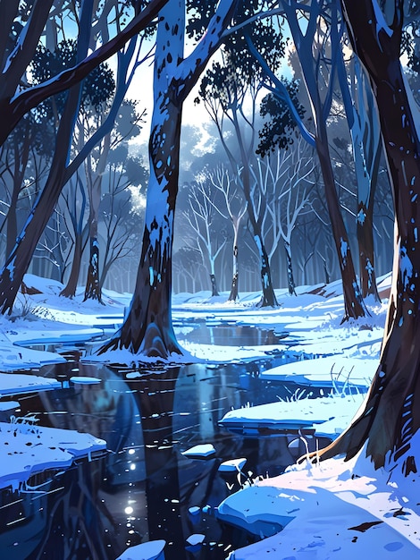 Photo trees covered in a layer of frost adding to the peaceful and tranquil atmosphere in anime style