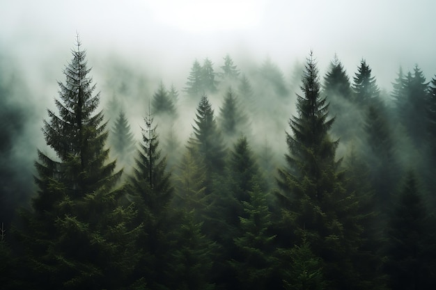 Trees next to each other in the Forest in mist