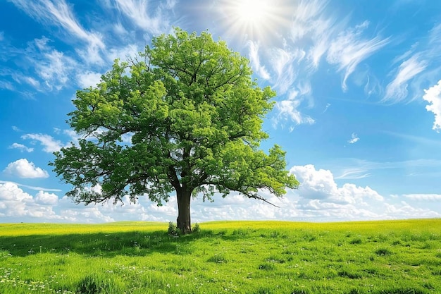 Trees on field against blue sky during sunny day