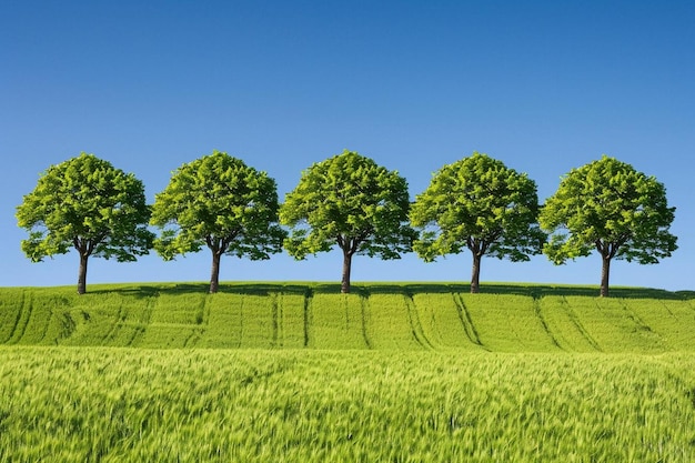 Trees on field against blue sky during sunny day