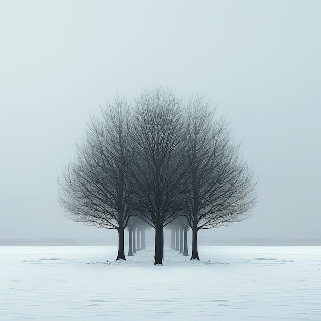 trees in a field with snow and fog in the background