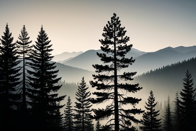 Photo trees in the foreground of a mountain range with a hazy sky