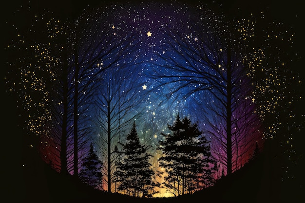 Trees in forest illuminated by multicolored light on starfall night