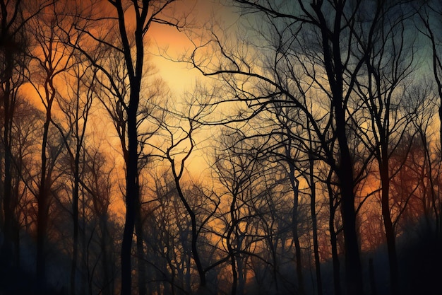 Trees in the forest at sunset Nature background Toned