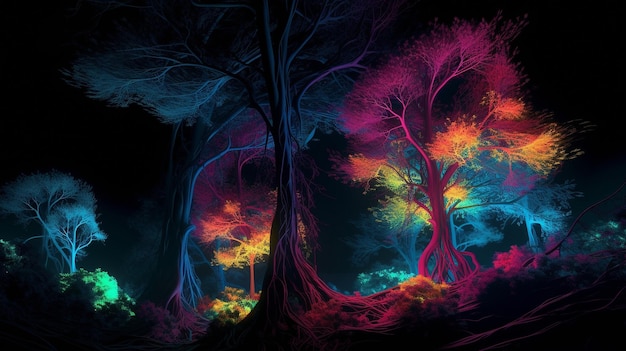 Trees glowing in the night