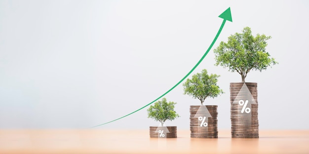 Trees growing on increasing coins stacking with up arrow for money saving and deposit growth from investment profit Financial banking concept