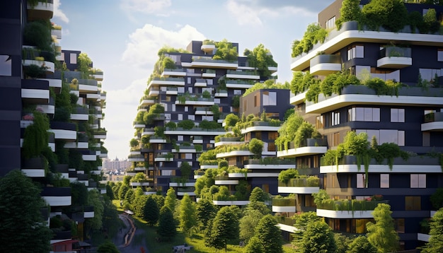 trees growing on the sides of buildings in a city generative ai