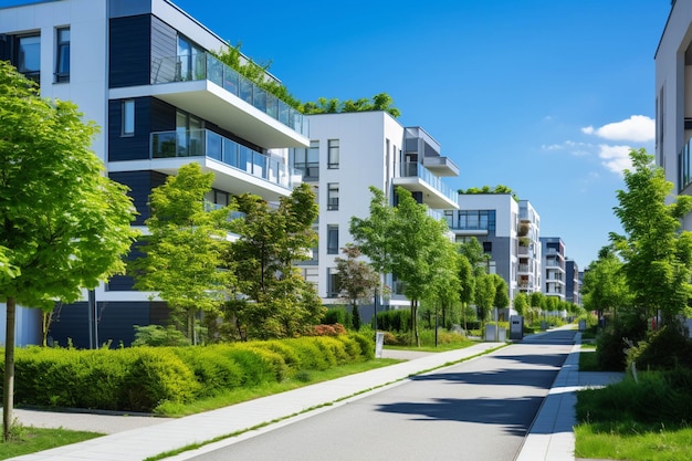 Trees line the street in front of a row of modern apartment buildings generative ai