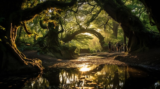 trees and people walking in a forest with a stream generative ai