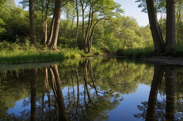 Trees reflected in the calm water of a hidden woodland pond