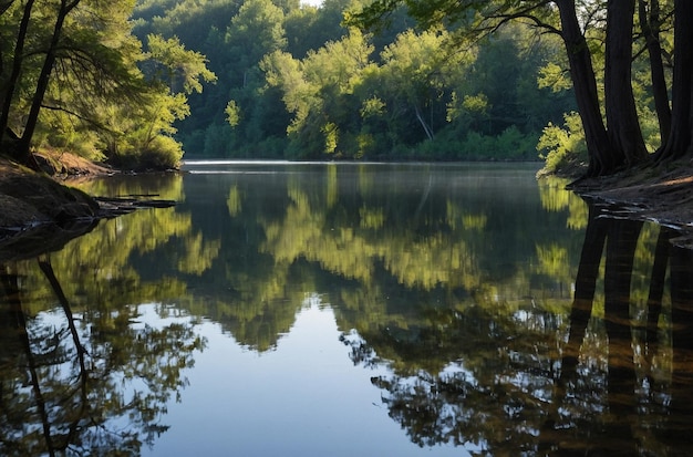 Trees reflected in the shimmering surface of a calm river