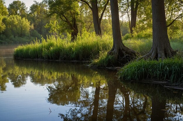 Trees rising from the banks of a calm reflective river