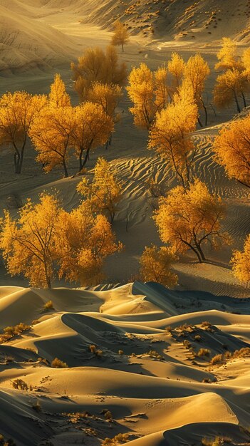 trees in the sand dunes of a desert with yellow leaves generative ai