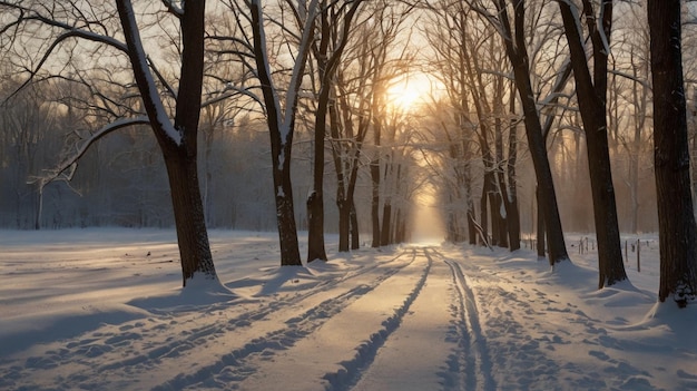 Trees on snow covered field during sunset