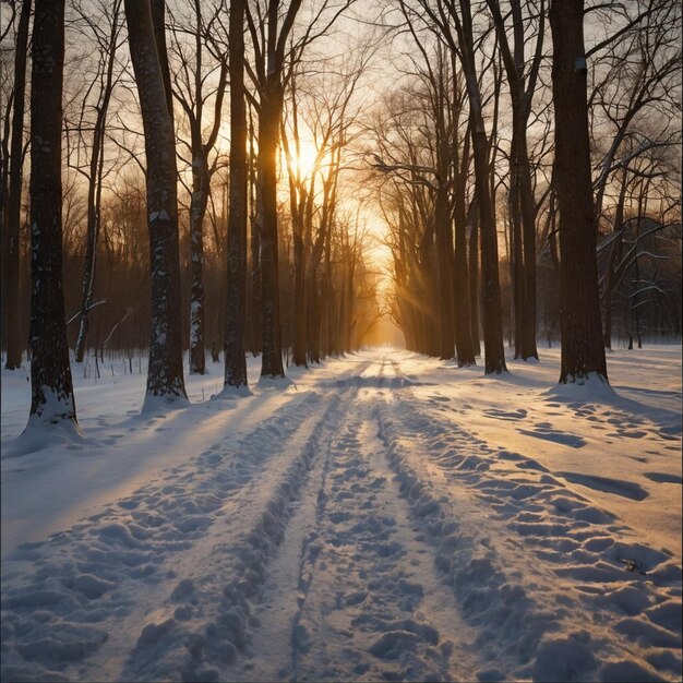 Trees on snow covered field during sunset